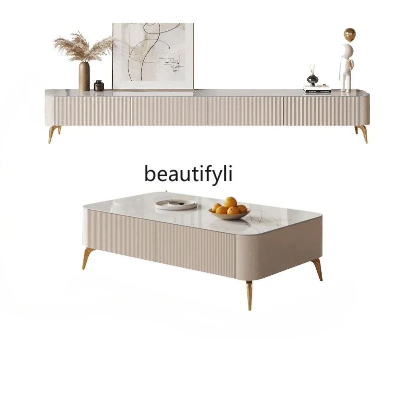 

Light Luxury Minimalist Stone Plate Coffee Table TV Cabinet Combination Living Room Home Small Apartment High Sense Tea Table
