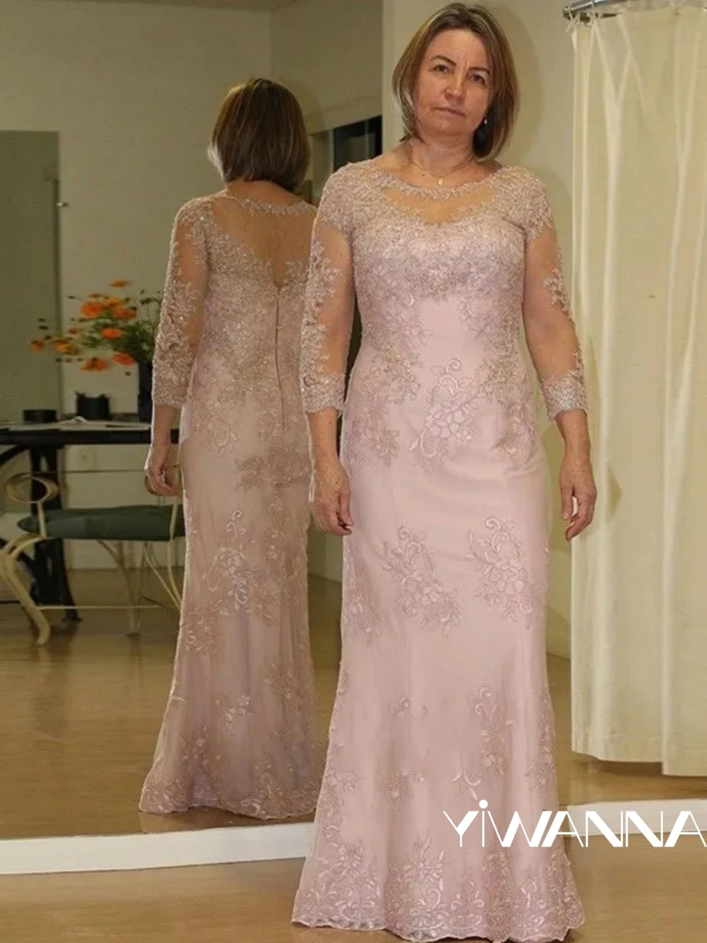 

Pink Straight Long Mother Of The Bride Dress For Wedding O-neck 3/4 Sleeve Prom Dresses Classic Lace Appliques Evening Gown
