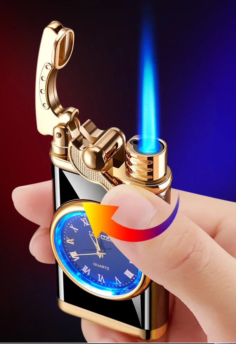 Description Picture 4 of item2024 Rocker Arm Watch Metal Unusual Gas Lighters Jet Butane Torch Lighter Windproof Cigarette Cigar Lighter Gadgets for Men