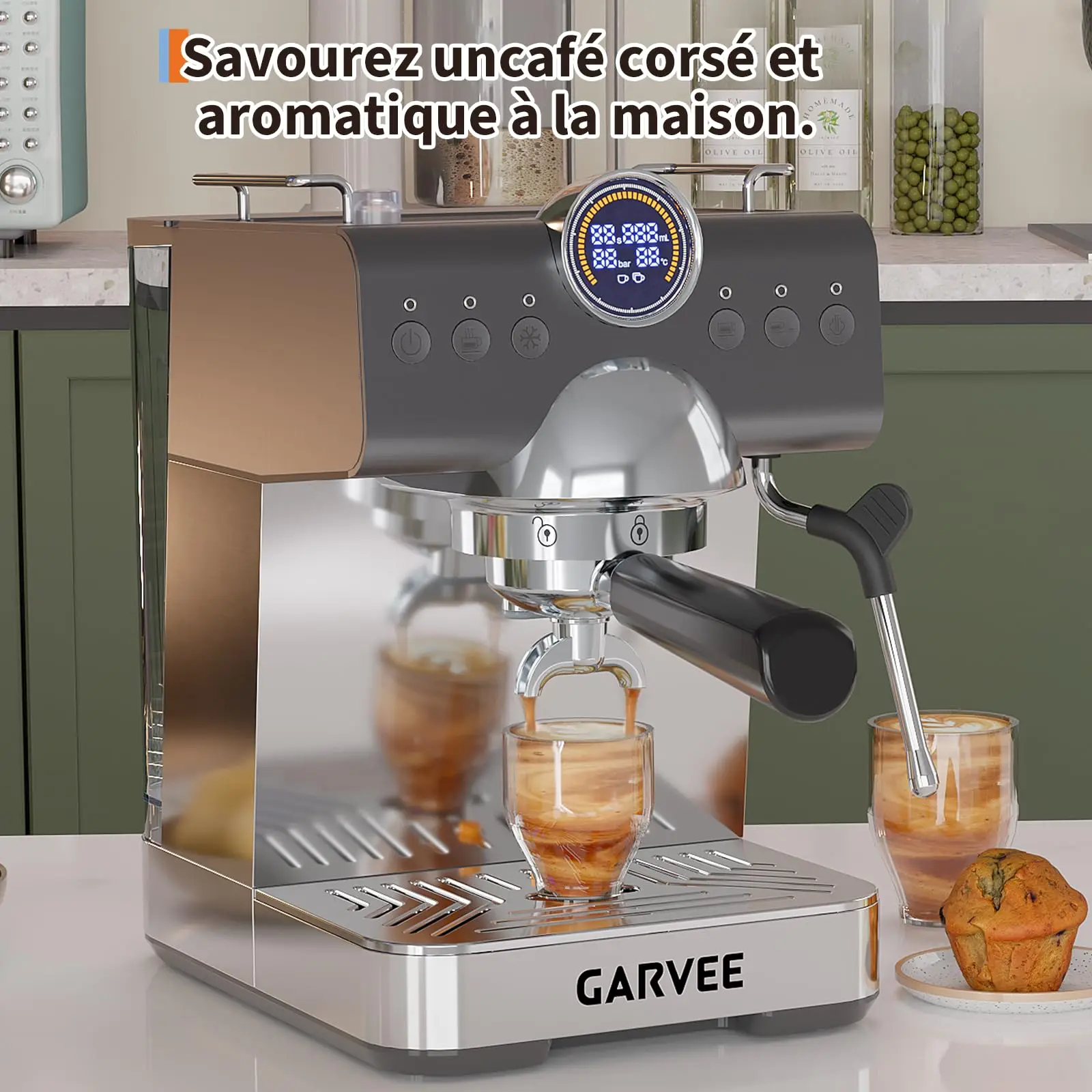 Machine à expresso 20 bars avec porte-filtre - Corps en acier inoxydable, mousseur à lait intégré, écran numérique - Design vintage, 1300W, réservoir d'eau amovible de 1,5L, manomètre - pour un expresso, un cappuccino et une crema parfaits - facile à nettoyer 1