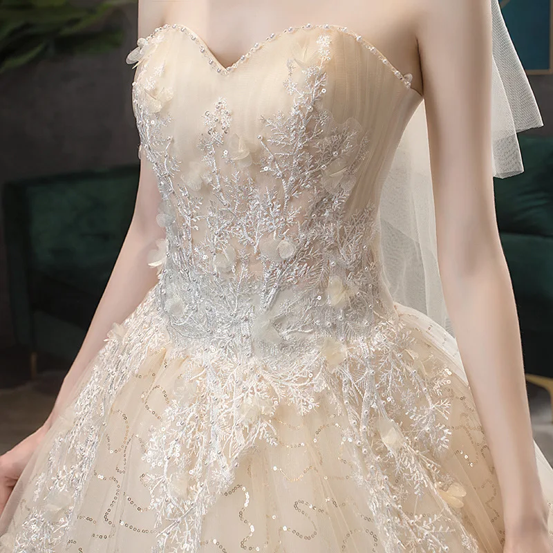 Customized Classic Strapless Bridal Dress Shiny Sequin Tulle Wedding Gowns For Bride Lace Applique Sukienki Na Wesele Damskie 3