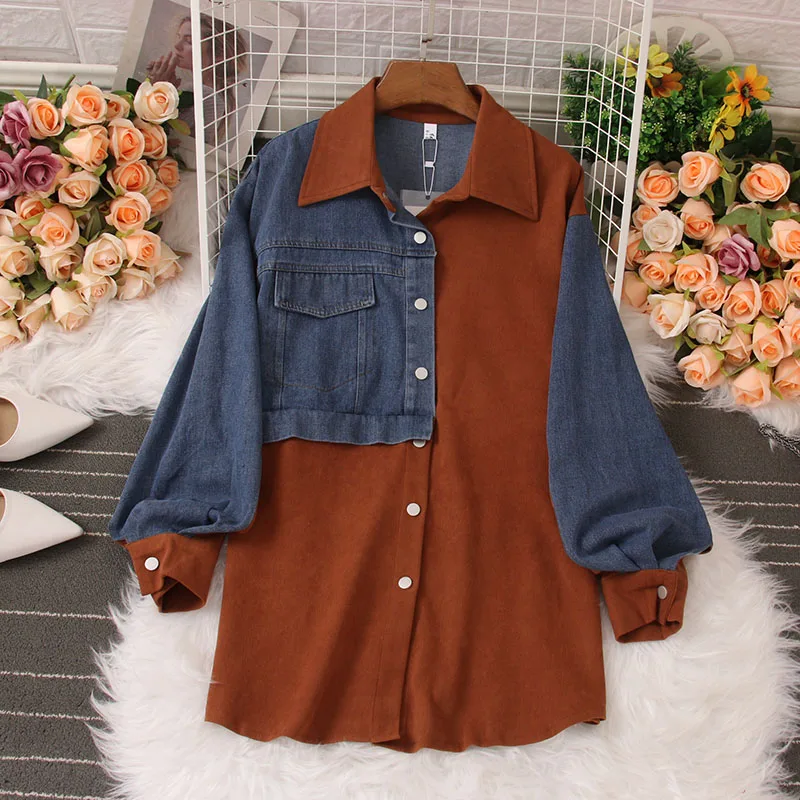 

VANOVICH Denim Splicing Long-sleeved Shirts Women's Spring Korean Style Contrast Color Polo Collar Loose Casual Oversized Shirts