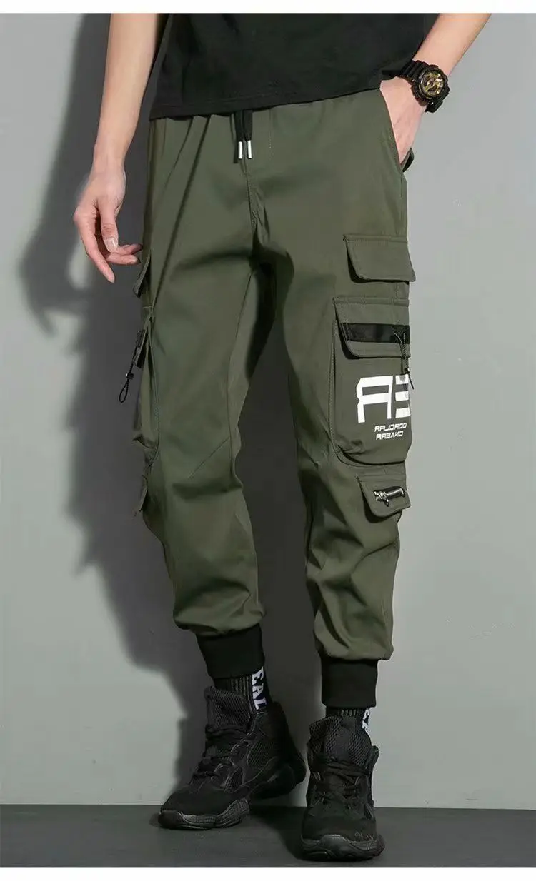 Thin Streetwear Casual Pants Men Ribbons Harem Jogging Pants Male Slim Fit Spring Cargo Pants Multi-Pockets Women Trouser J9 3