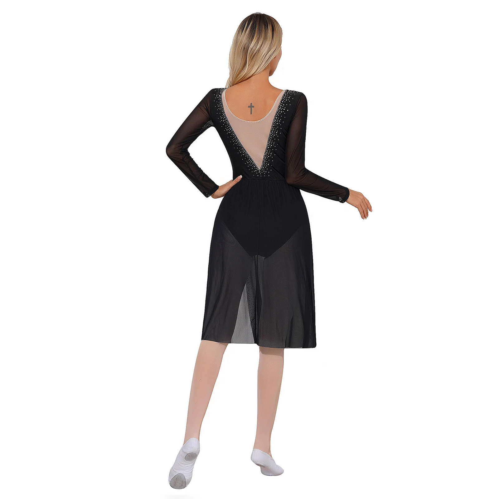 Womens Latin Lyrical Dance Dress Shiny Rhinestones Sheer Mesh Patchwork Side Split Long Sleeve Leotard Dresses Modern Dancewear