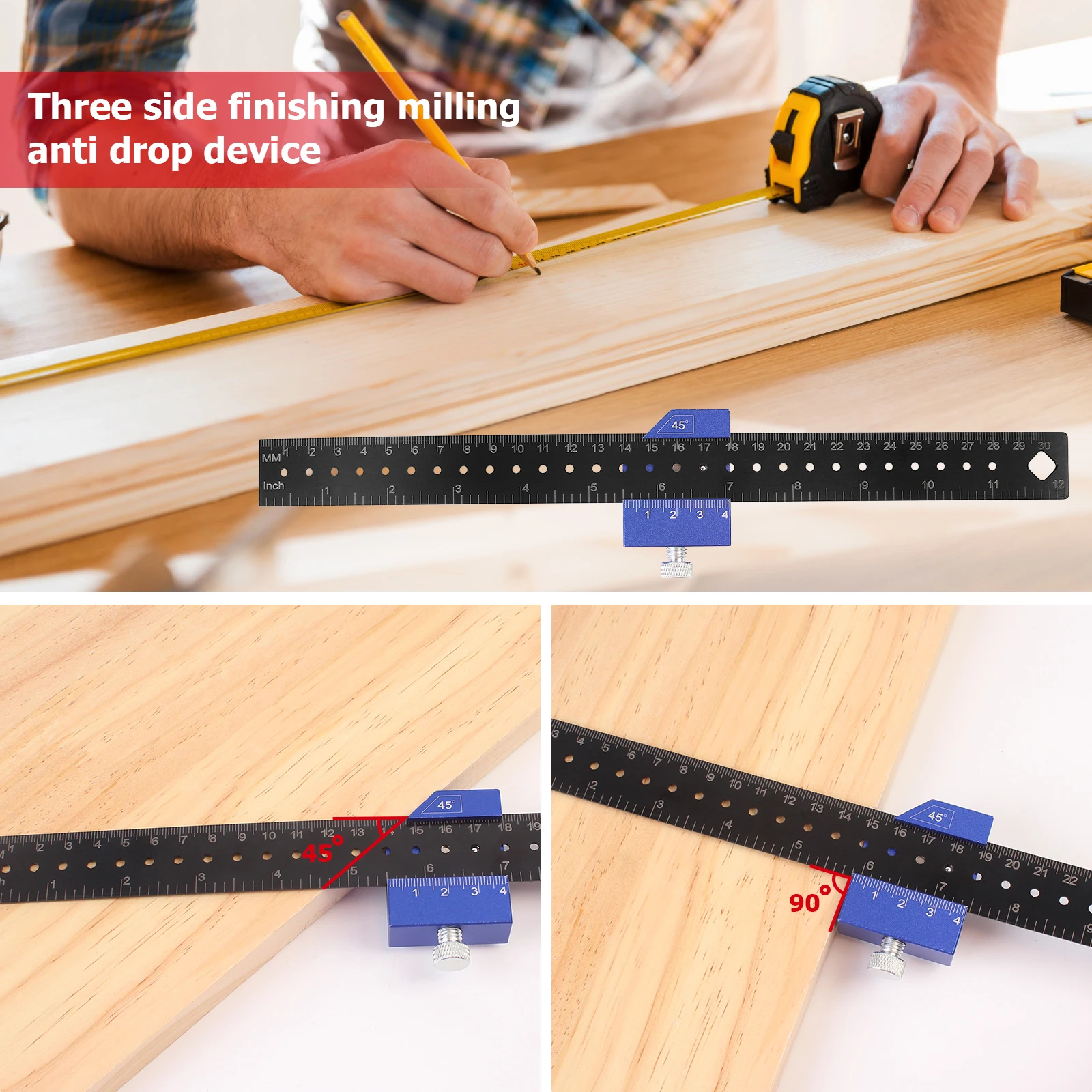 Woodworking Square Tool Woodworking Metal Pocket Ruler 45&deg;/90&deg; Slide Stop for Marking Inch/Metric Scribing Measuring