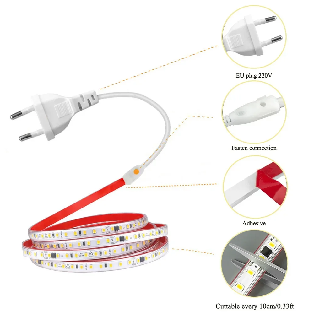 

220v Self Adhesive Flexible LED Strip Light 10cm Cuttable Soft Lamp Bar 2835 Tape EU Plug Vanity Cabinet Wardrobe Home Decor 120