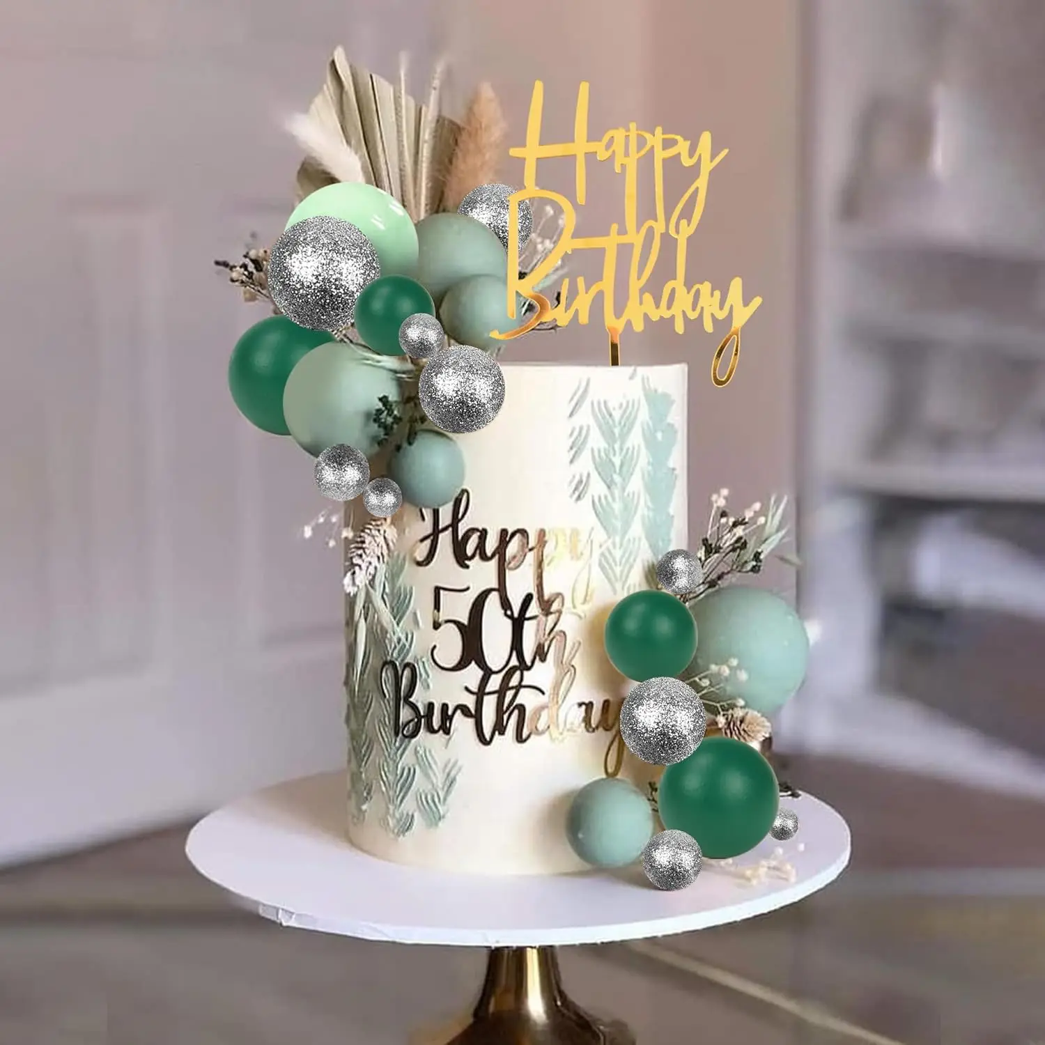 39 Stück Khaki-Kugeln, Tortenaufsatz, Boho-Gras-Kuchenaufsatz, Khaki, Weißgold, Perlenkugeln, alles Gute zum Geburtstag, Kuchendekorationen für Hochzeit – Detail 14