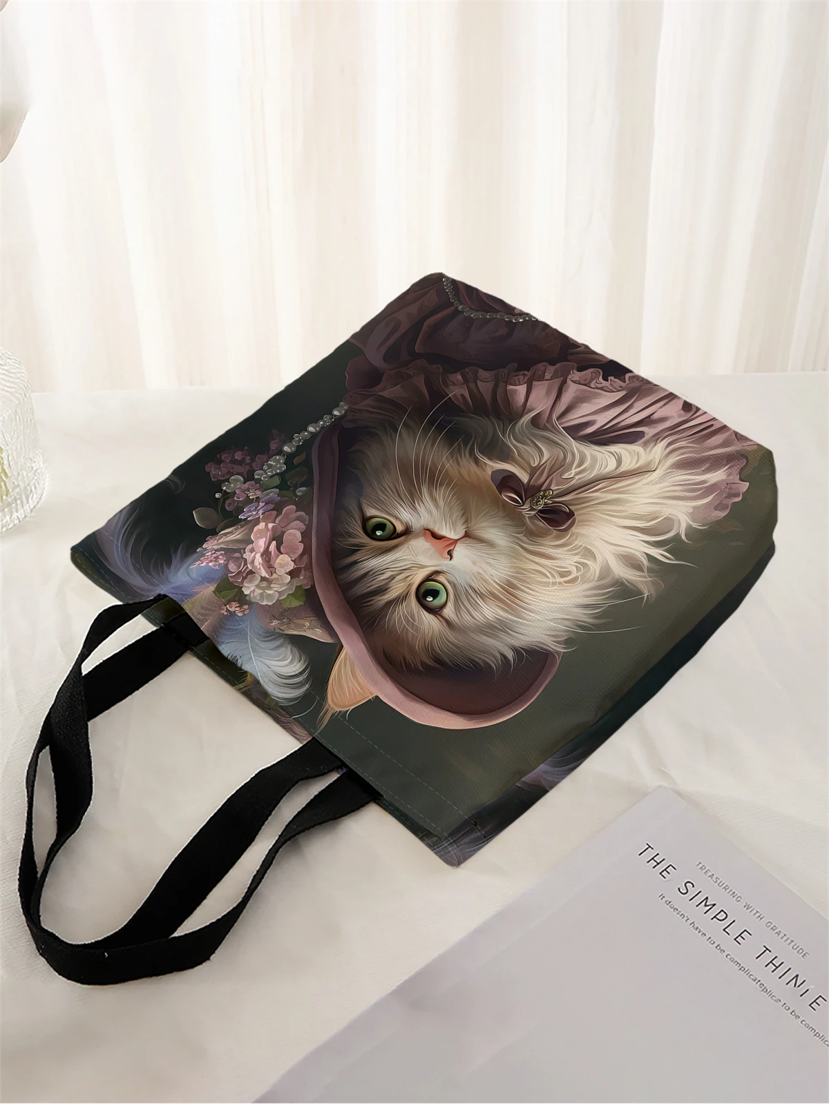 1pc,artistic cat handbag, reusable fashionable handbag, multifunctional handbag, printed canvas shopping bag