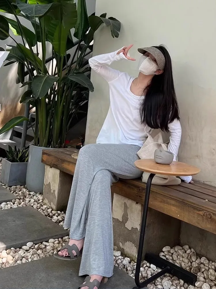 임산부 바지 여름 얇은 와이드 레그 모달 베이스 레이어 바지 큰 사이즈 편안한 배 부분이 꽉 조이지 않는 여름 스타일 캐주얼 바지
