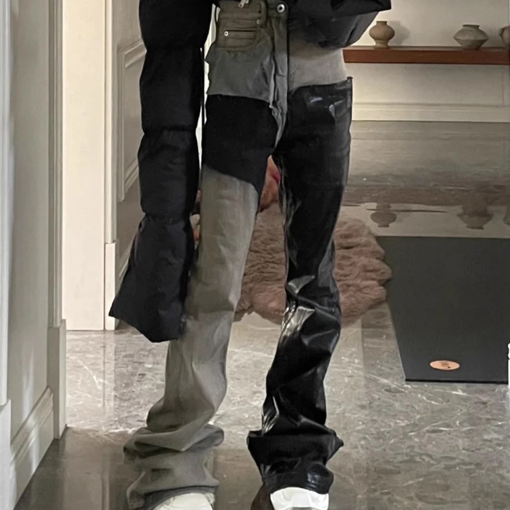 wax coating black baggy flare jeans