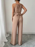 Women's Spring/Summer Casual Pleated Fabric Halterneck Beaded Waist Button and Tie Design Maxi Jumpsuit - Image 2