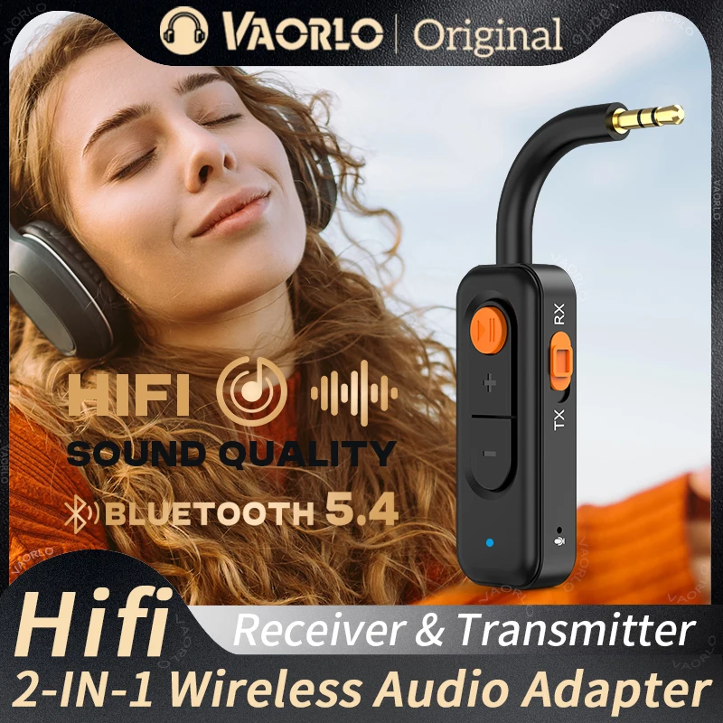 VAORLO Bluetooth 5.4 Audio Transmitter Receiver 3.5MM AUX HD Hifi Stereo Music Wireless Adapter With Mic For Car Airplane TV PC Speaker