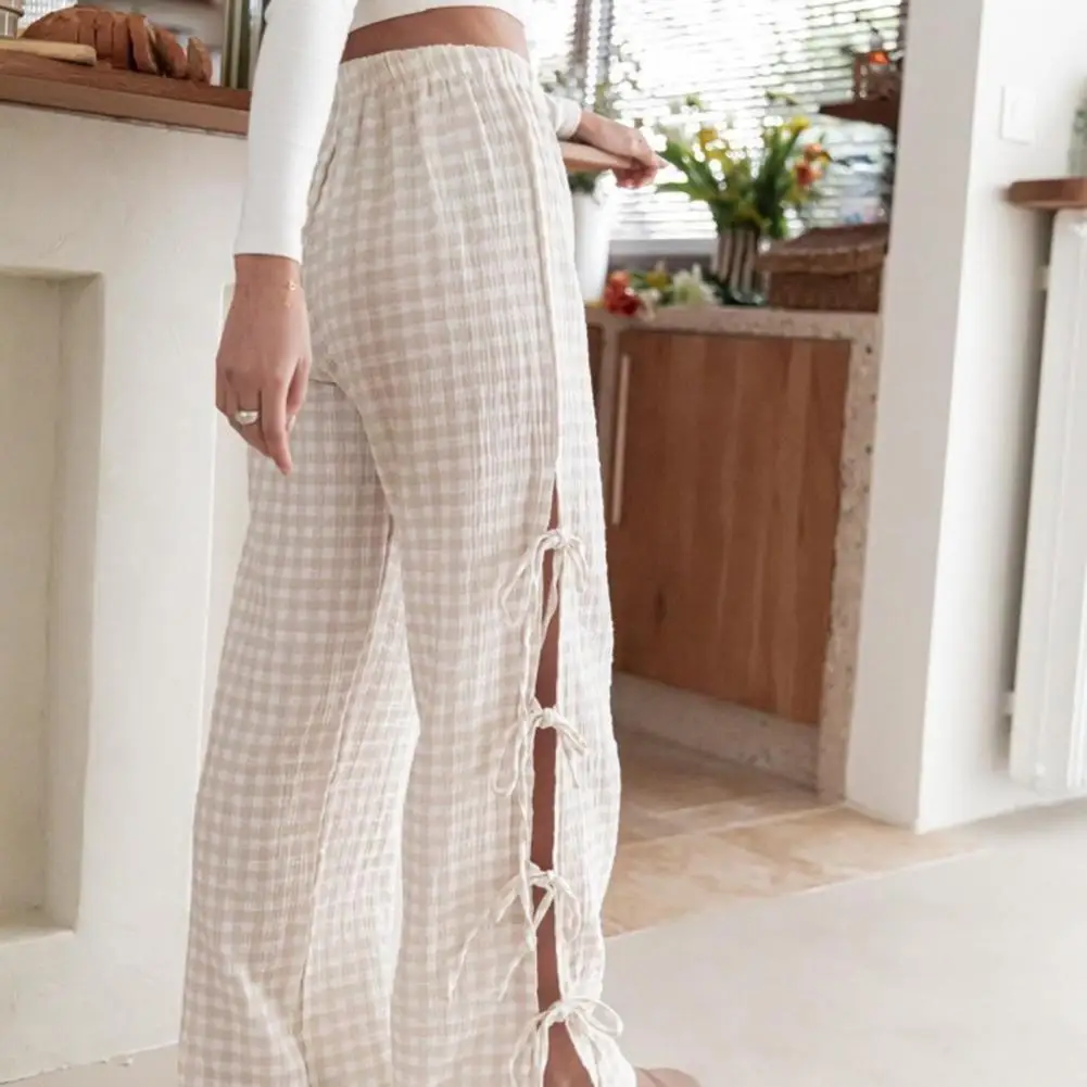 

Women Pants Plaid Wide-leg Pants Plaid Print Wide Leg Trousers with Side Slit Bowknot Lace-up Detail Mid-rise for Women for Work