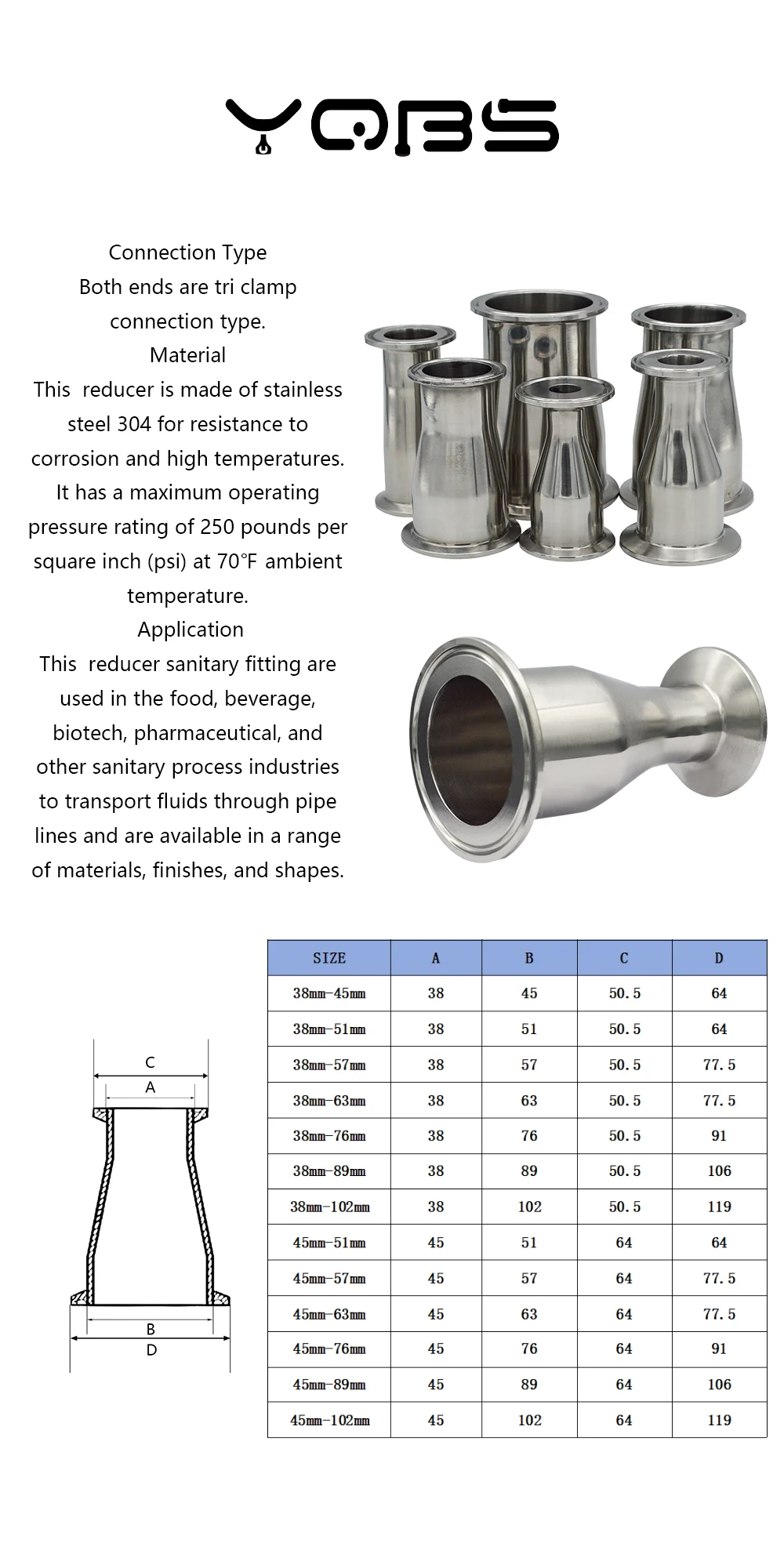 1pc Pipe OD 51MM Ferrule OD 64MM 102mm Length Tri Clamp Style Equa 1pc Pipe  OD 1PC Tube O/D 51mm Ferrule O/D 64mm Tri Clamp Equal Tee 304 Stainle