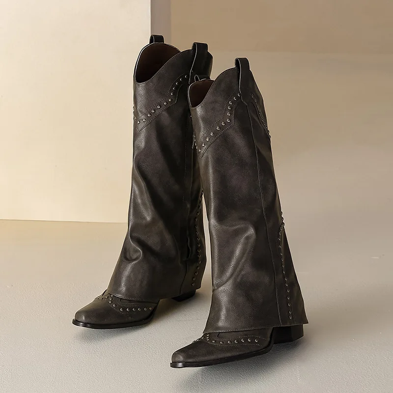 

Riveted Pants Women's Knee High Boots Retro Pointed Toe Crude Heel Female Footwear Thick Platform Solid Color Zapatos De Mujer