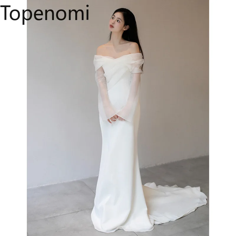 

Topenomi One Shoulder Satin Bridal Wedding Dress French Fairy Mesh Long Sleeve Slim Evening Party Dresses Simple White Gown 2024