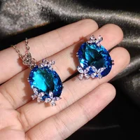 Nouvelle mode 2026 : Collier et bague de fiançailles pour femme en zircon cubique bleu marine. Version de luxe. Convient pour les occasions festives. Exquis 3