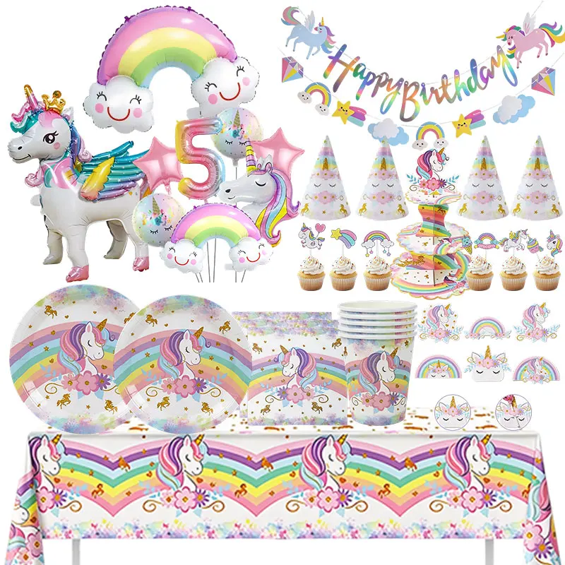Regenbogen-Einhorn Geburtstagsdekoration Tischgeschirr Teller Tischdecke Servietten Strohhalme Partyzubehör für Kinder Ballon Tortendekoration Banner