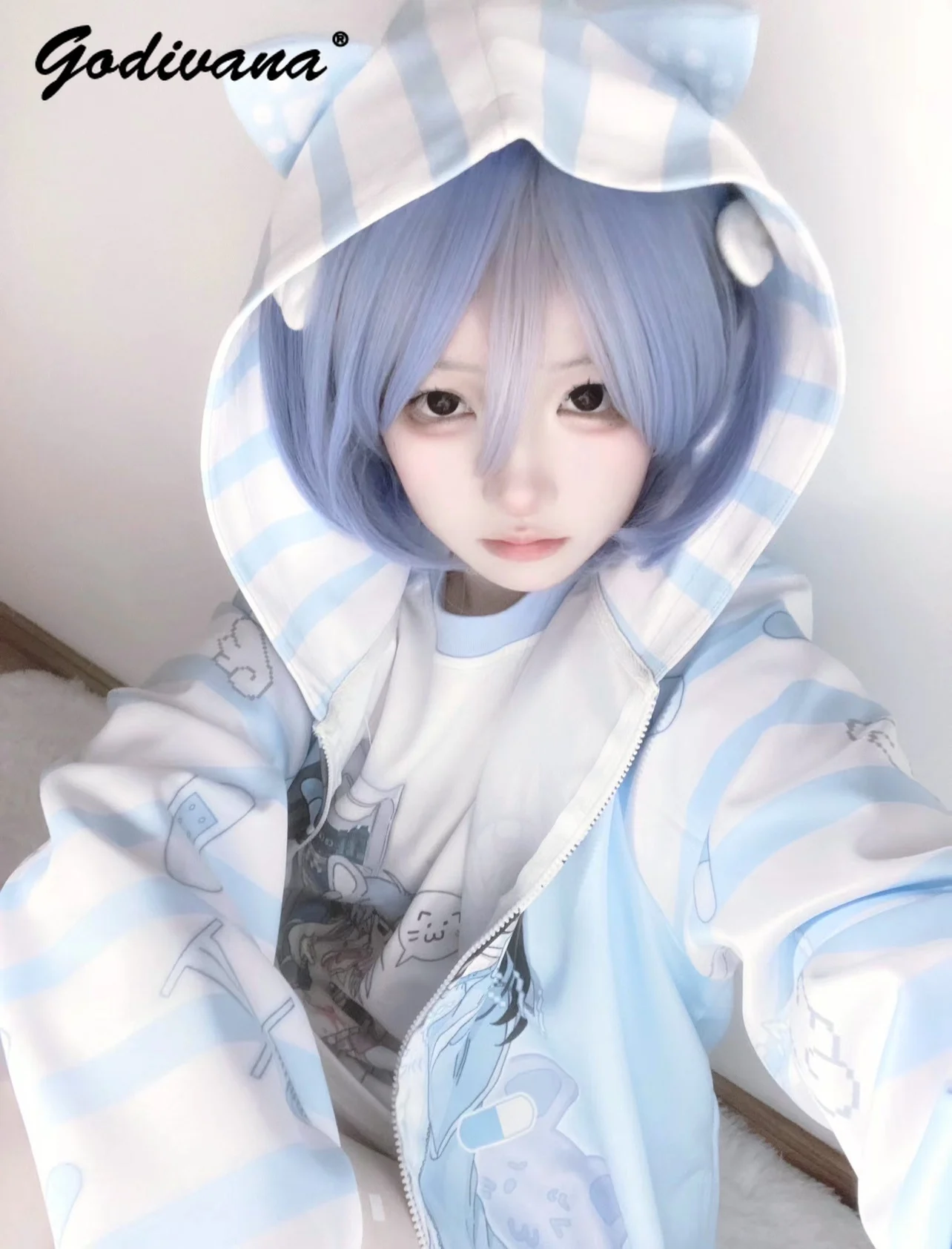 

Japanese Style Cute Cat Ear Blue and White Striped Zip Cardigan Coat Women Girls New Autumn Water Color Subculture Hoodie Jacket