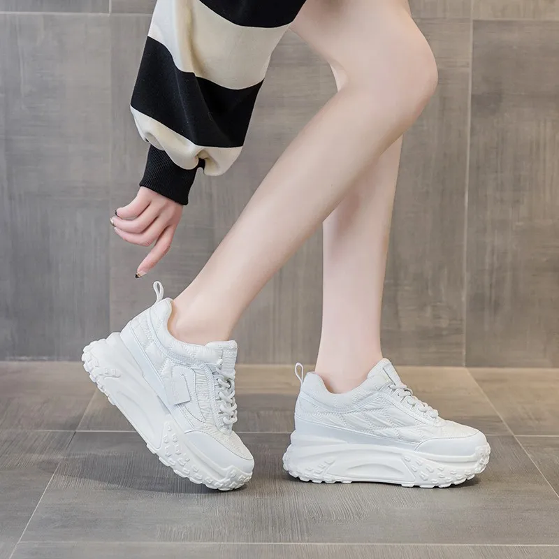 Autumn Leather Silver Platform Sneakers Thick Sole Casual