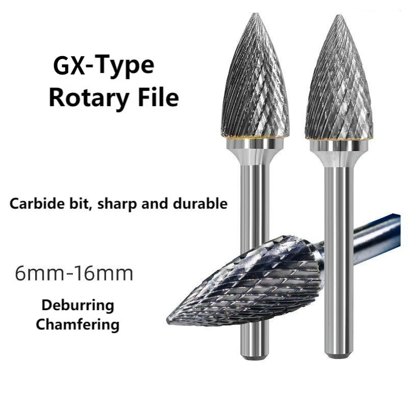 

GX Type YG8 Alloy Rotary File Double Slot Tungsten Steel Wood Carving Grinding Head Hard Metal Milling Cutter Tool for Copper