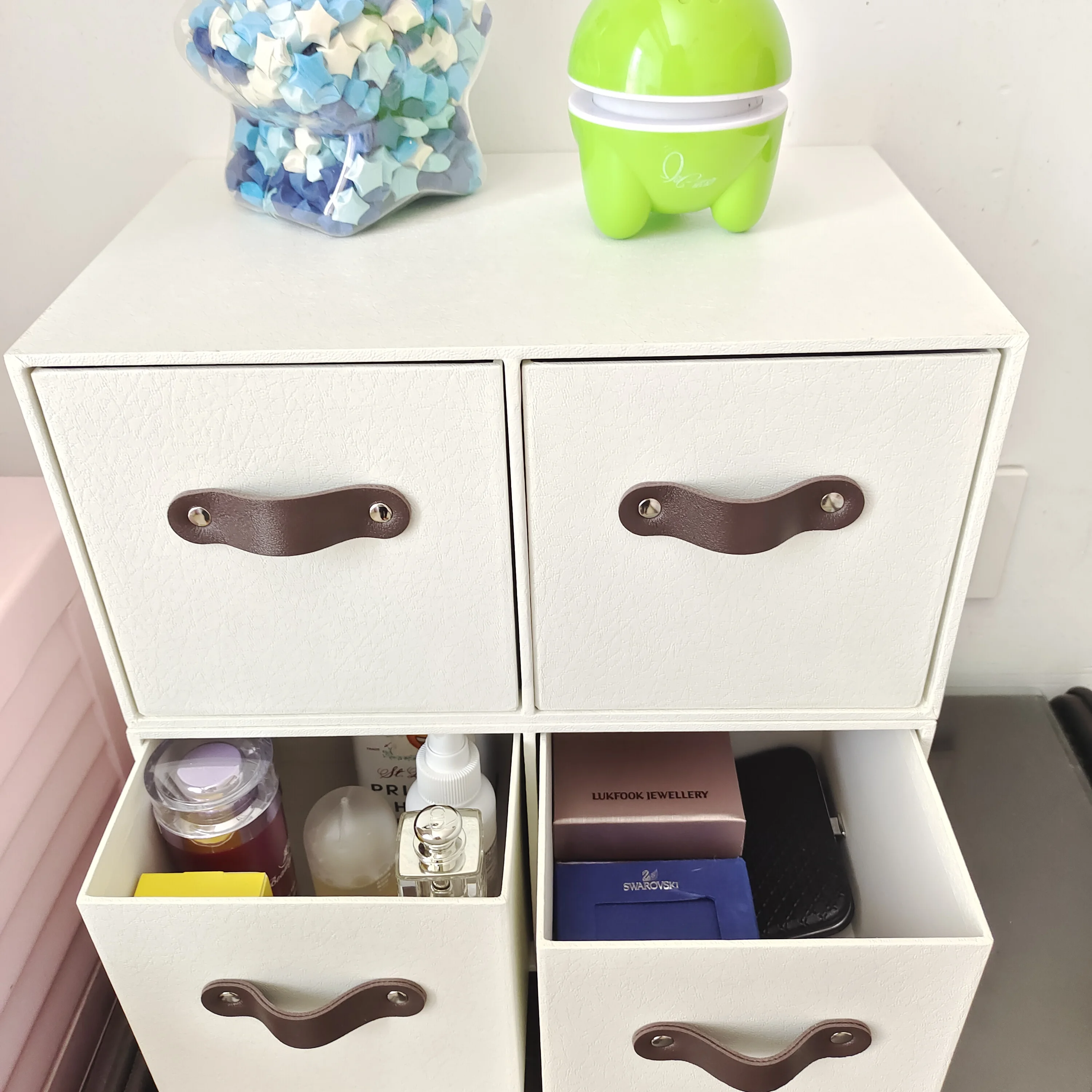 With 4 Drawers Cabinet Cardboard Office Desk Top Organizers Home Storage 2 Layers Cabinet With Leather Handles (1PC)