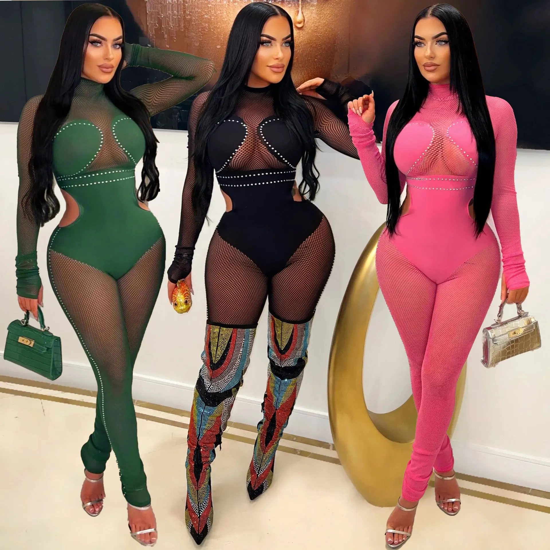 Diamonds Mesh Patchwork Women Sexy Jumpsuit Turtleneck Long Sleeve Hollow Out Slim Fit Skinny Clubwear Party Overalls Rompers