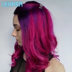 Lekker Ombre Pink Purple Body Wave Human Hair Wig With Bangs For Women Brazilian Remy Hair Glueless Wear to go 22