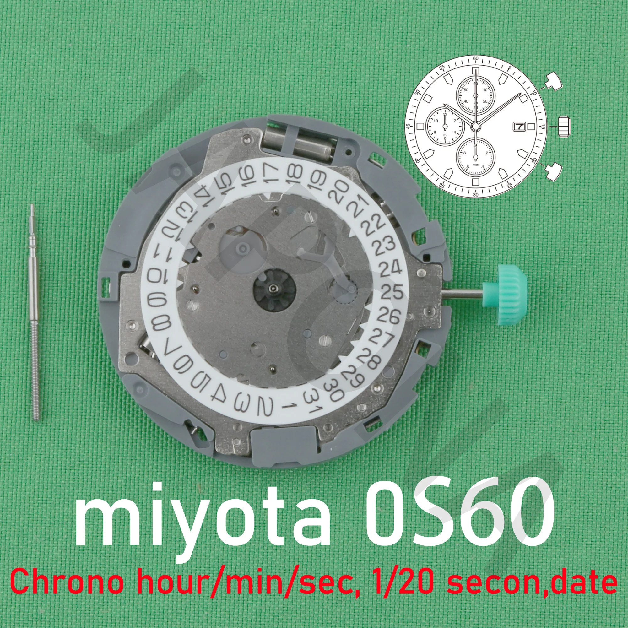 

0s60 movement miyota 0S60-3 movement Chronograph movement Chrono hour/min/sec, 1/20 second Date miyota OS60 OS6O