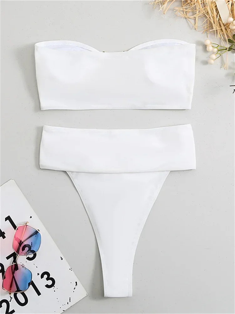 Conjunto de bikini de cintura alta para mujer, traje de baño de lujo con realce, Tanga, color blanco y negro, 2024 - Imagen 6