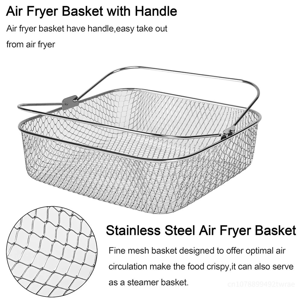 Grill Basket for Veggies 20cm Air Fryer Stainless Steel Square Round Mesh Basket Air Fryer Steamer Basket With Handle Metal Crisper
