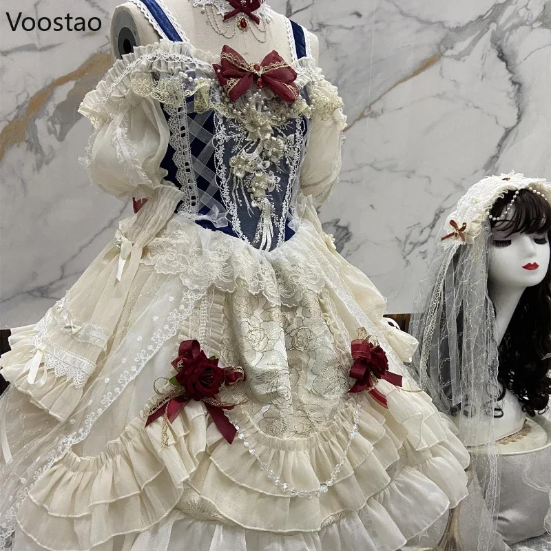 Lolita Dress Japanese Sweet Lolita Princess Dress Women Elegant Vintage Bow Off Shoulder Lace Mesh Pearl Evening Party Dresses Lolita Clothes