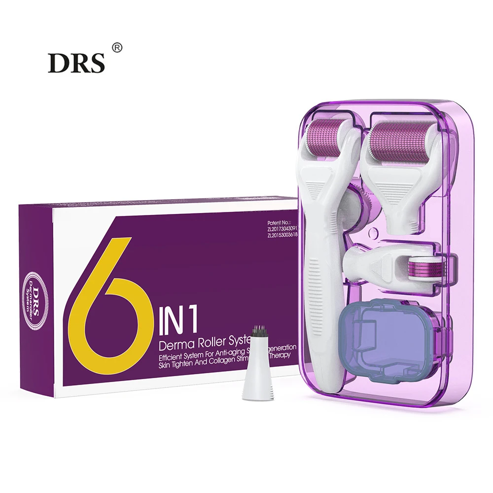 Drs Derma Roller 6 In 1 Kit Con 5 Testine Sostituibili E Custodia Per Donne E Uomini Face Body Skincare Microneedling Roller