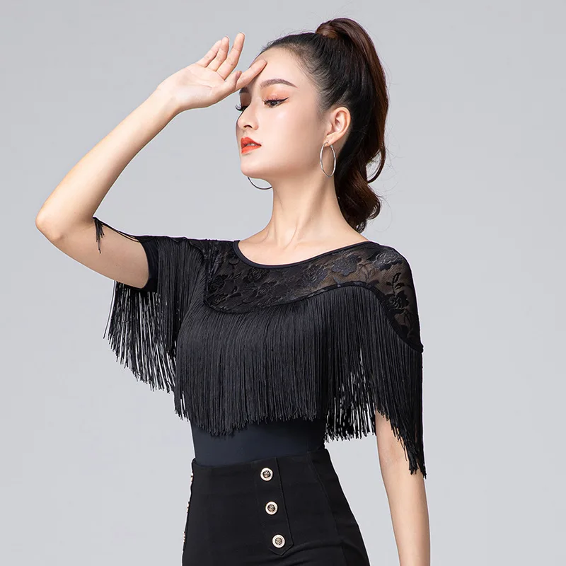 Modern Latin dance dress Ladies dancing shirt Black fringe Latin Dance tops Lace dance jumpsuit Square performance cloths dance dress,dance shirts