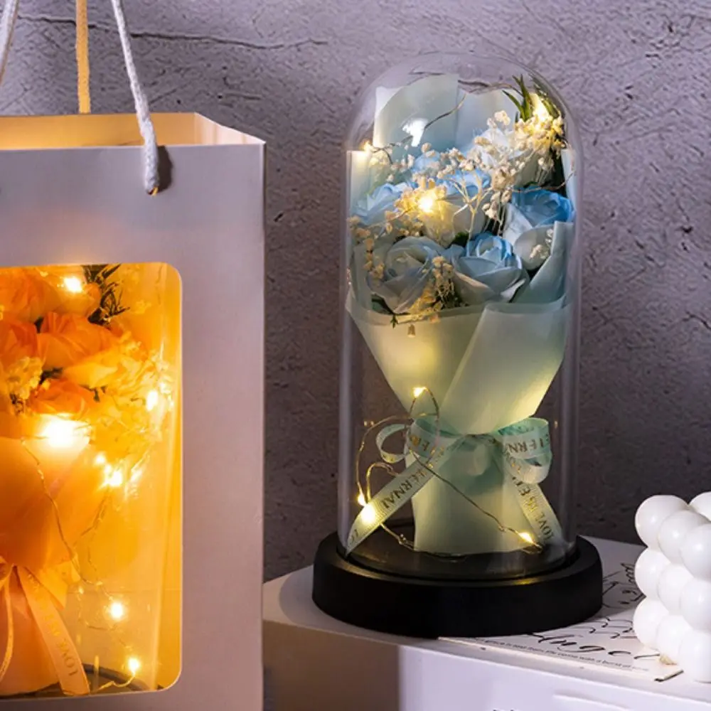 Acrylic Dome Rose Eternal Flowers LED Light Realistic Starry Sky Bouquet Bouquet Decoration Christmas New Year Simulation Flower