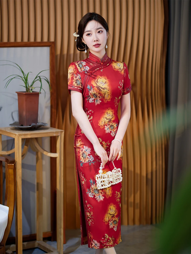 

Yourqipao 2023 Summer Slim Silk Red Cheongsam Catwalk Banquet Gentle Qipao Chinese Style Evening Wedding Dress for Women Party