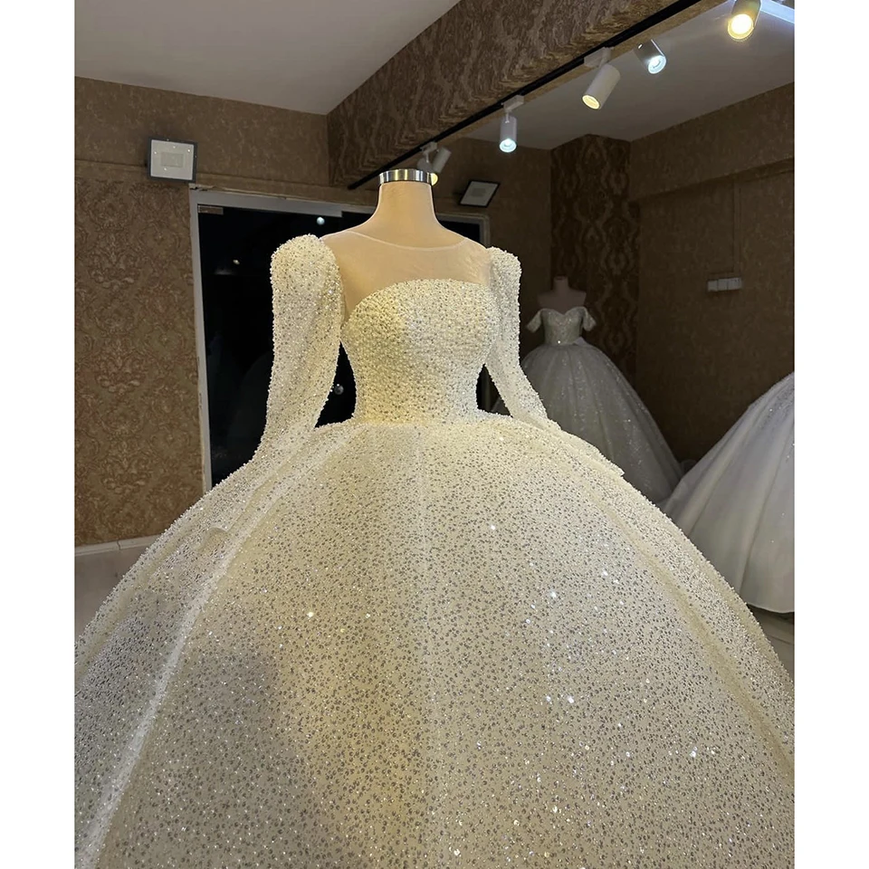 Luxury O-Neck Sequin Beaded Full Sleeves Wedding Dress 2023 Ball Gown Floor Length Sweep Train Lace Up Custom Made Bridal Gown