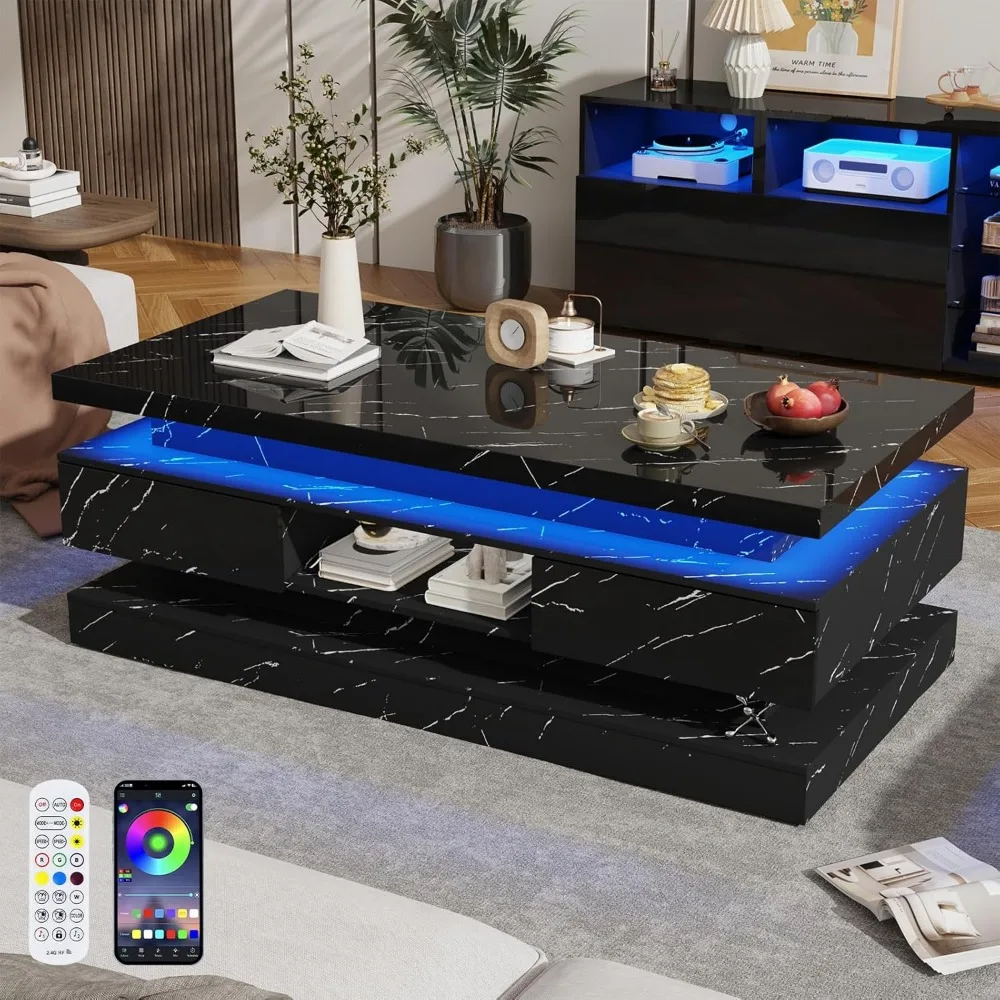 LED Coffee Table Modern High Glossy 47.2 Inch with Sliding Drawers, Double-Layer Center Table, LED Lights for Living Room Decor