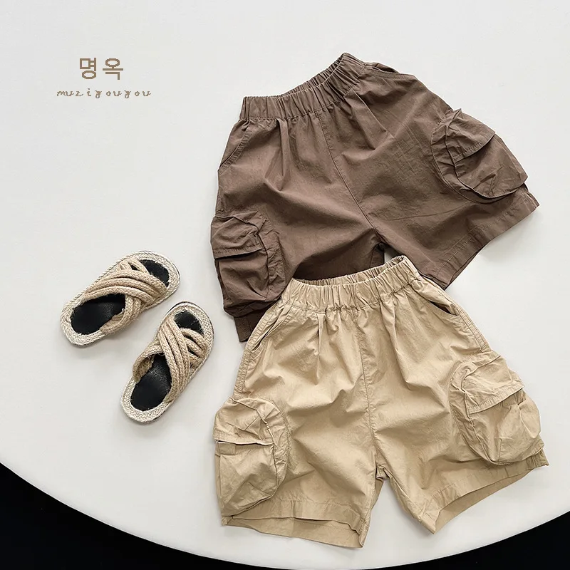 

2024 Summer New Boys' Pure Cotton Thin Work Shorts Capri Pants Women's Casual Pants Kids Clothes Solid Color Children's Clothing