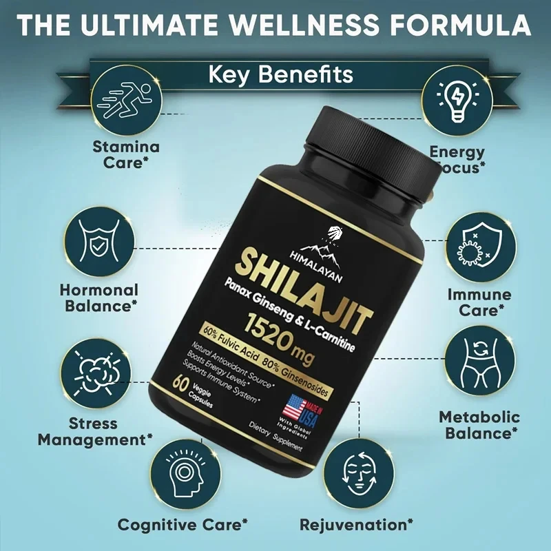 Shilajit Resin Supplements Pure Himalayan Shilajit Supplement 60 Capsules 60% Fulvic Acid 85 Trace Minerals Containing Ginseng and L-Carnitine