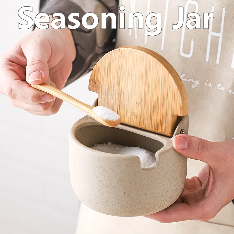 Spice Container 300ML Ceramic Seasoning Jar Bamboo Lid Jar Spoon Wooden Sugar Salt Spices Storage Box Household Kitchen Supplies