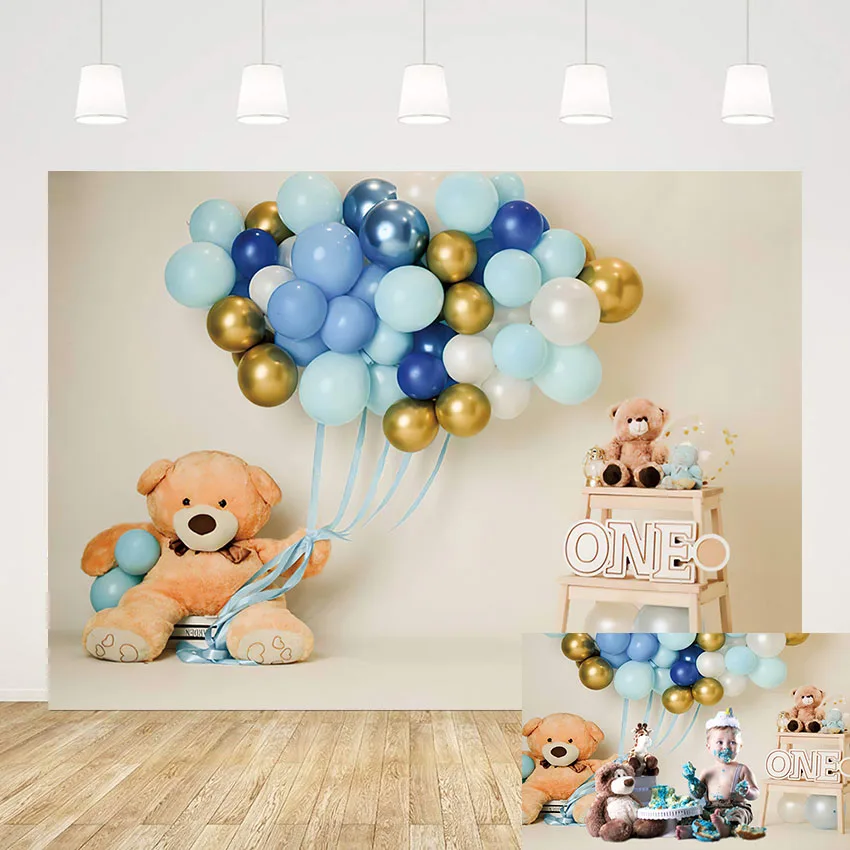 

Mehofond Photography Background Toy Bear Blue Balloon Boy 1st Birthday Party Cake Smash Portrait Backdrop Photo Studio Photozone