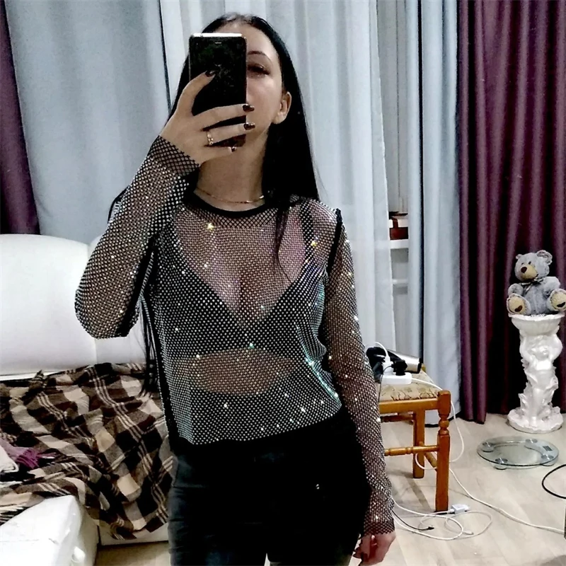 Damen Langarm Mesh T-Shirt Pailletten-Top Glänzende Transparente Bluse Netzstoff Herbst Streetwear Bluse Sexy