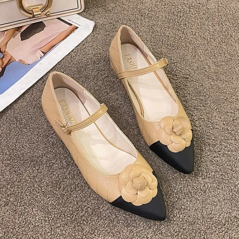 

Pointed Toe Women Flats Mixed Color Flat Low Heels Belt Buckle Dress Shoes Beige White Dress Shoes Woman Loafers New Fashion