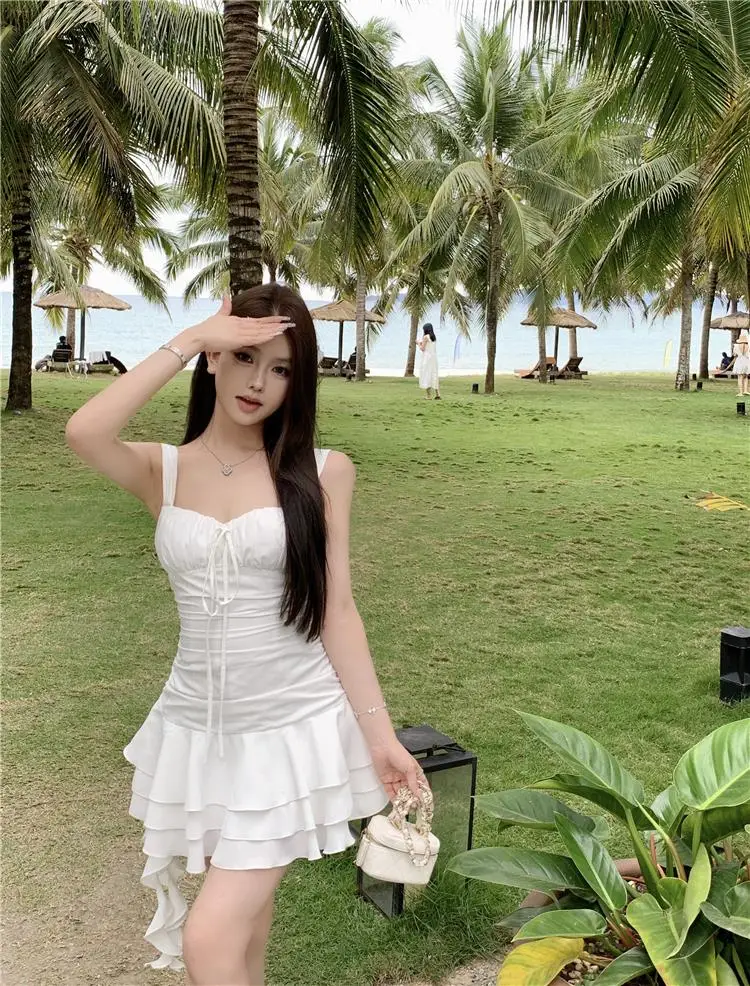 Summer New Holiday Beach Style Short Dresses for Women Spaghetti Strap Ruffles A-line Birthday Party Dress Korean Chic Vestidos