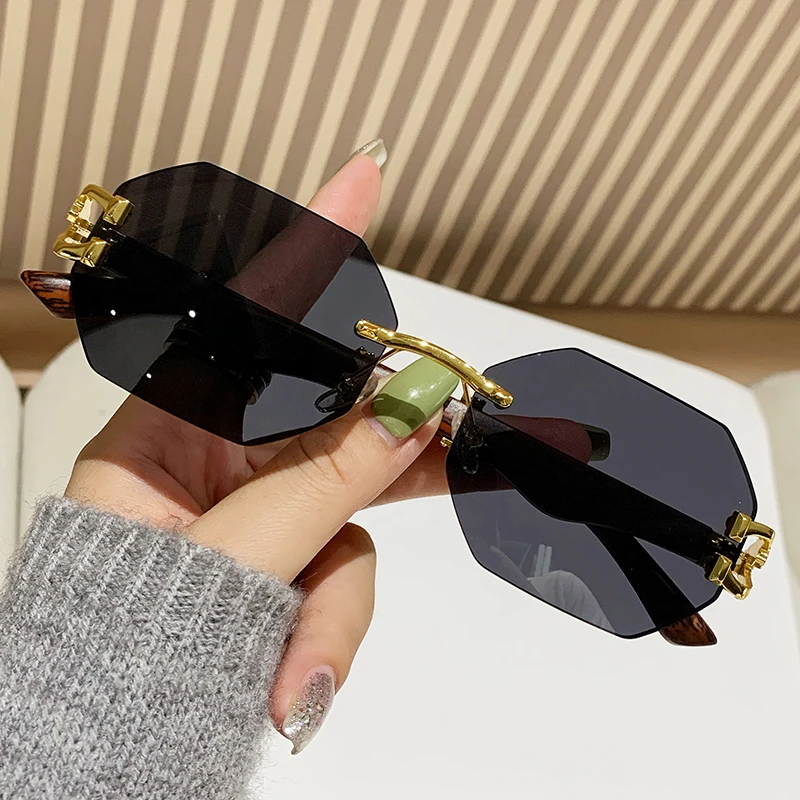 Vintage Leopard Design Rimless Polygonal Metal Frame Anti-Light Glasses - Unisex Outdoor Eyewear