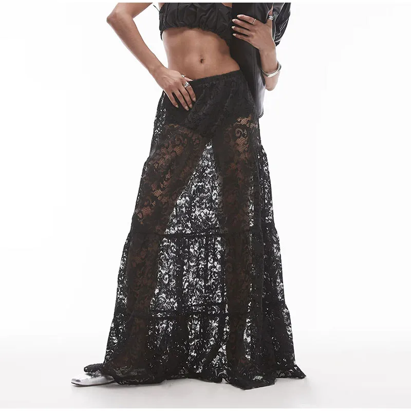 Elegant Floral Lace Hollow Out Skirts Women Sexy Retro Solid Low Waist Long Skirt Female Korean Autumn Summer Loose Versatile