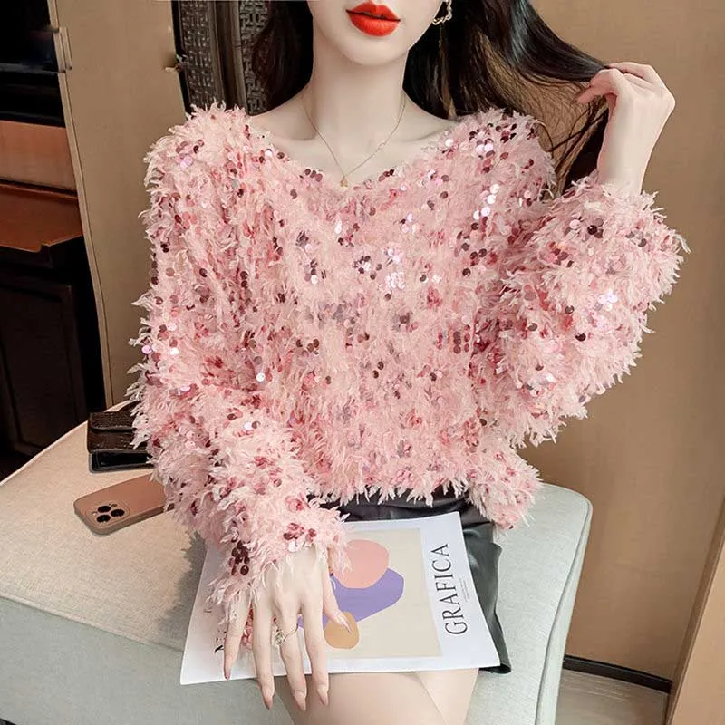 

Sweet O-Neck Korean Sequined Tassel Sweaters Female Clothing 2024 Spring New Loose Knitted All-match Pullovers Casual Tops