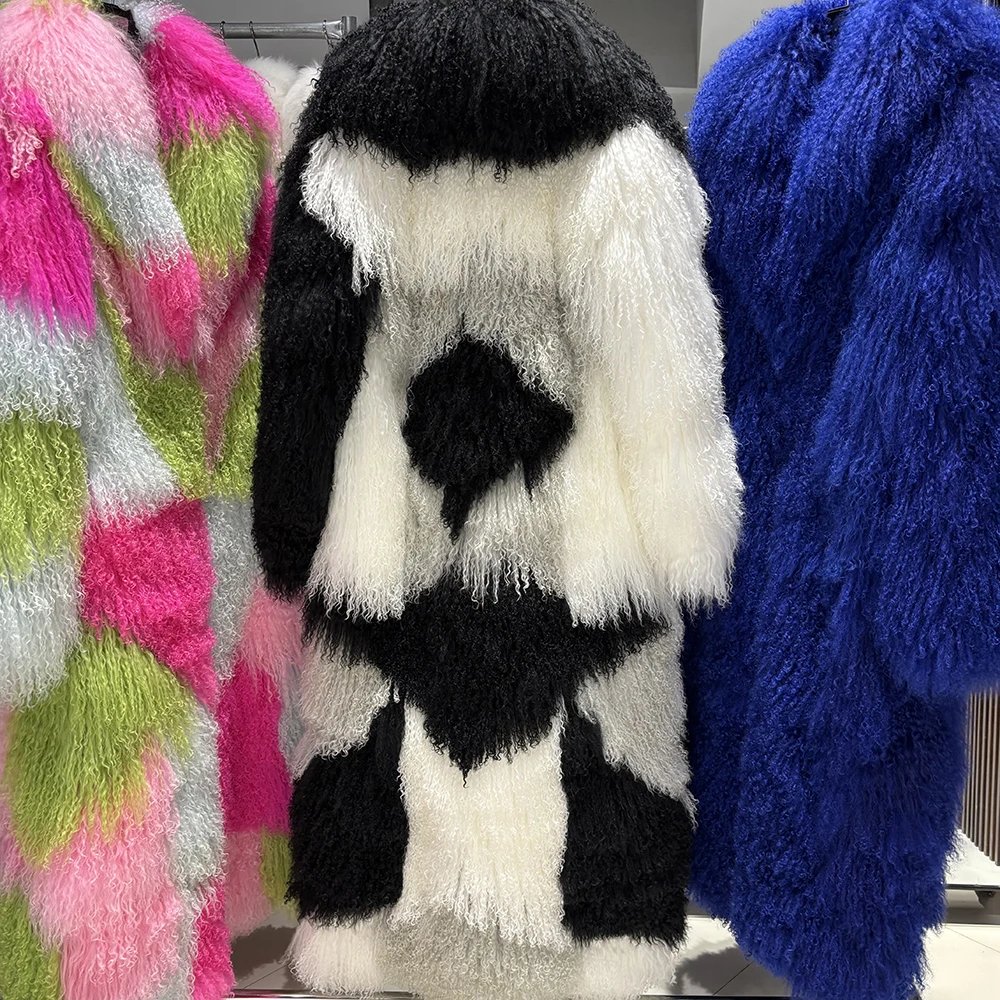 YOLOAgain 135-140cm Floor Length Mongolia Sheep Fur Coat Women Winter Warm Party Long Fur Coat Ladies Overcoat
