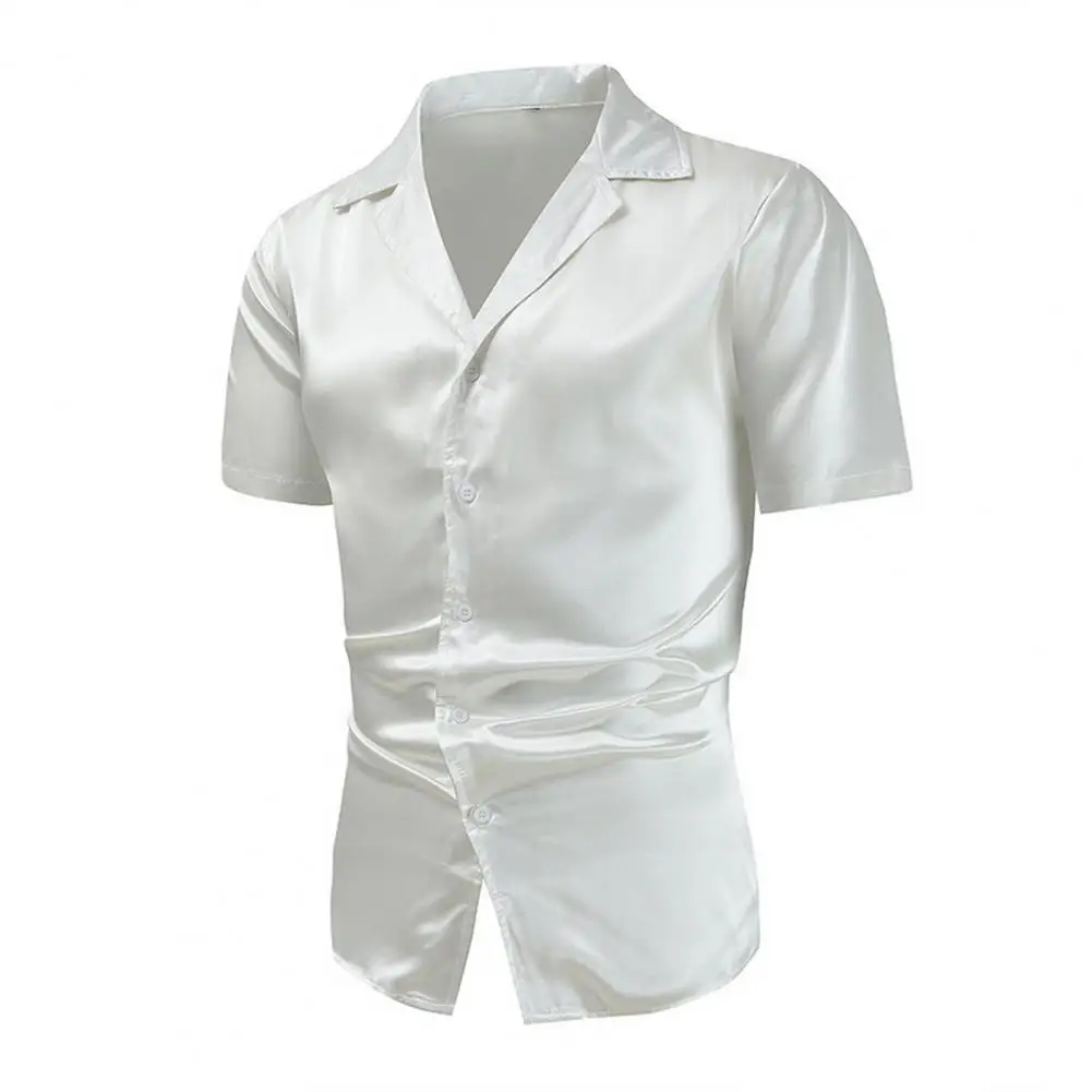 

Рубашка мужская атласная с коротким рукавом, повседневная Элегантная сорочка для дискотеки, с отложным воротником и V-образным вырезом, мягкая дышащая одежда для офиса